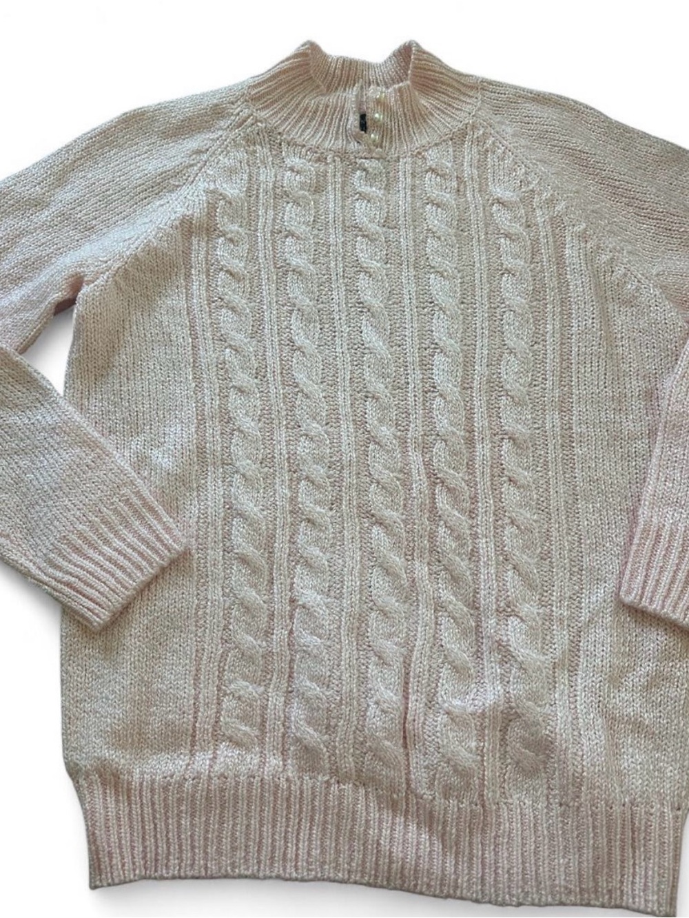 Women's Cable Knit Mock Neck Sweater with Pearl buttons-pink